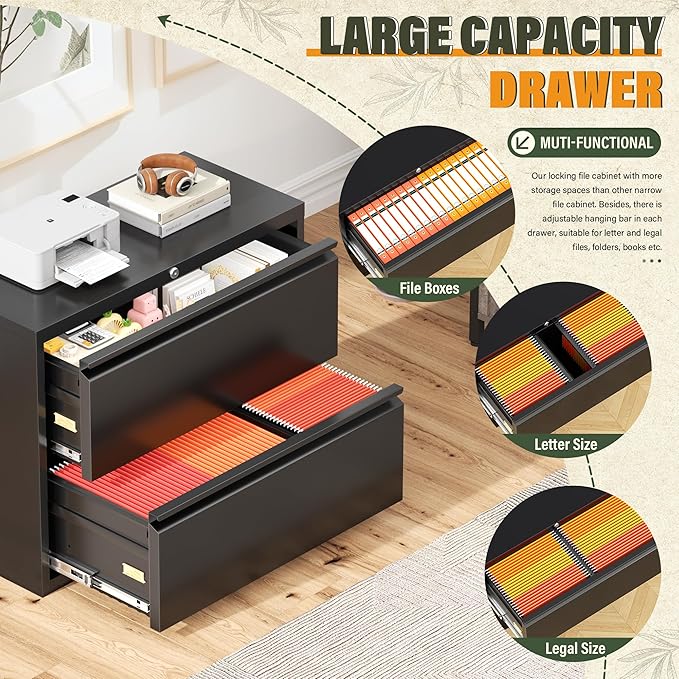 Greenvelly Lateral File Cabinet 2 Drawer, Black File Cabinet with Lock, Lockable Metal Filing Cabinet for Home Office, 2 Drawer File Cabinet for Legal/Letter/A4/F4 Size with Hanging Bars&Key