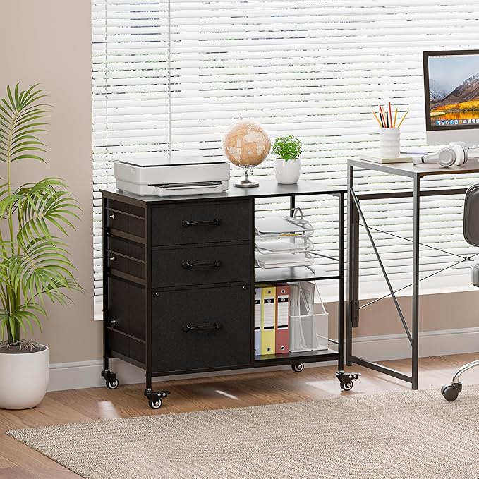 ZENY Lateral File Cabinet with 3 Drawers, Mobile File Cabinet Printer Stand, Rolling Fabric Lateral Filing Cabinet for Office Home Small Space (Black)