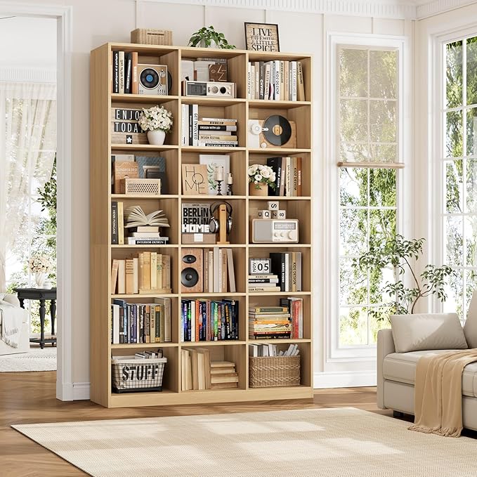 HOSTACK 86" H Triple Wide Bookshelf and Bookcase, 7 Tier Tall Bookshelf with Storage, Large Bookcase with 21 Open Display Storage Shelves, Book Shelf Media CD DVD Storage for Living Room, Light Wood