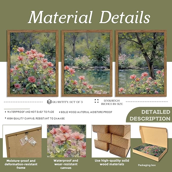 Framed Monet Wall Art Set of 3, Impressionist Botanical Floral Canvas Wall Decor, Vintage Cottagecore Artwork Paintings, Nature Landscape Flowers Prints Pictures for Living Room Bedroom 16x24 Inch