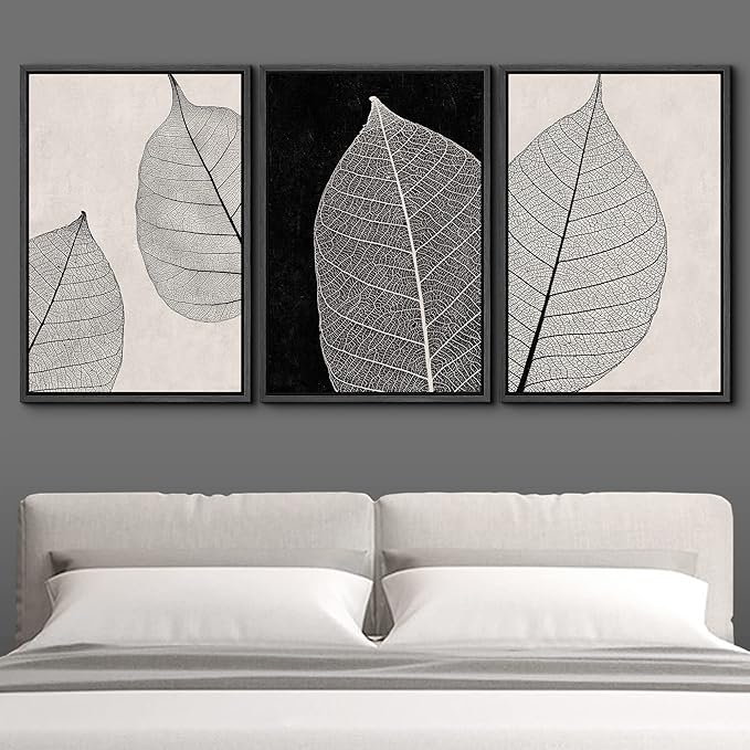 IDEA4WALL Framed Canvas Print Wall Art Set Tan Black Forest Plant Leaf Close Up Details Abstract Shapes Illustrations Modern Art Decorative Nordic for Living Room, Bedroom, Office - 16"x24"x3 Black