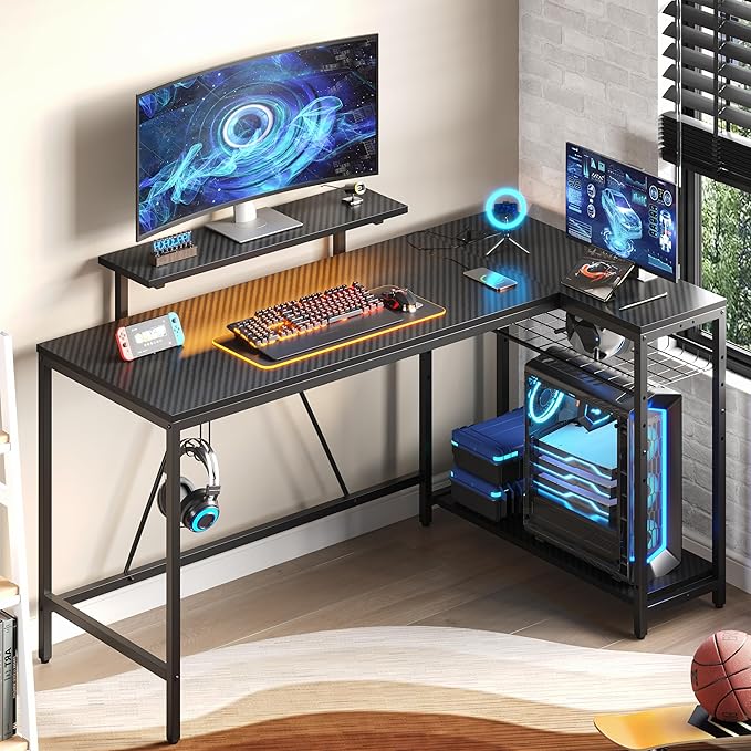 Bestier 58 L Shaped Gaming Desk with LED Lights & Power Outlets,Reversible Home Office Corner Desk with Shelves,Larger PC Workstation with Hooks for Studying,Desk for Bedroom,Carbon Fiber Black