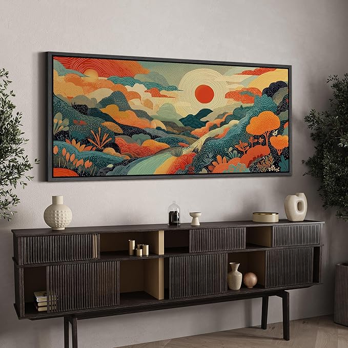SIGNFORD Extra Large Framed Canvas Whimsical Sunlit Hills Illustrations Modern Art Calm Warm for Living Room, Bedroom, Office - 60"x30"