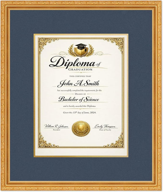 CountryArtHouse Diploma Frame Fits 10 x 13 College Diploma (Portrait Traditional) - Keepsake Graduation D Museum Gold Genuine Hardwood with Navy Blue Over Metallic Gold Double mat