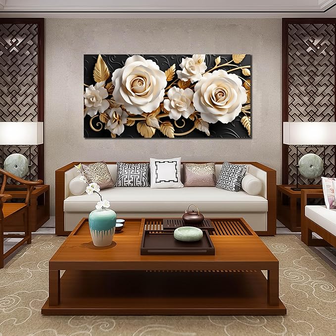 Flower Large Canvas Wall Art for Living Room Bedroom Home Office White and Gold Wall Art Blossom Picture Framed Wall Decor Modern Canvas Prints 29x59 In