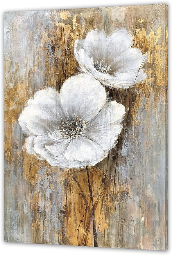 Yihui Arts White Floral Wall Pictures Vertical Lily Bouquet Flower Oil Painting Artwork for Living Room Bedroom Hallway Decor