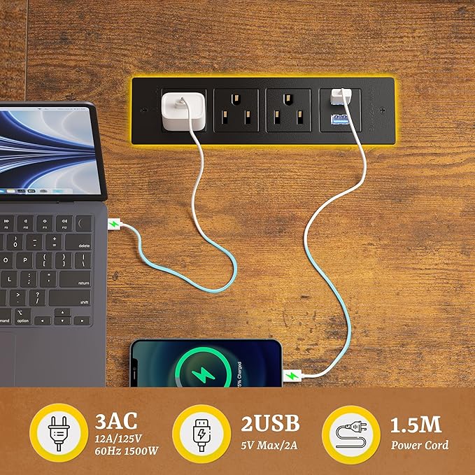 55 x 24 inch Desk with Power Outlets, No wobble Computer Desk with 0.95 Inch Thicker Desktop & Monitor Stand & Light & Storage Bag, Office Writing Desk for Home Office, Study, Bedroom, Brown