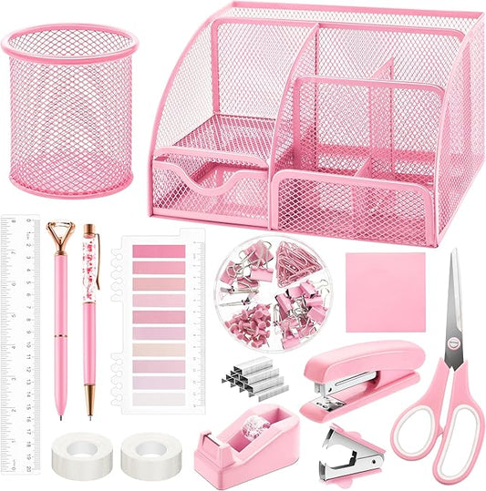 Fayoo 11 Pcs Pink Office Supplies Set Mesh Desk Organizer Accessories Kit include Stapler Tape Dispenser Staple Remover Clips Ruler Scissors Sticky Notes for Office School Home Women (Pink)