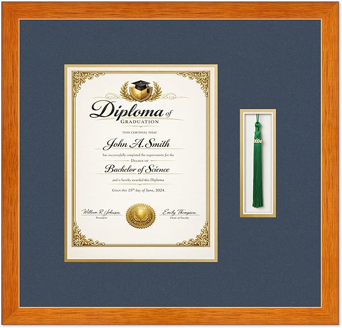 Diploma and Tassel Frame Fits 8.5 x 11 Certificate (Portrait) with Tassel Hook Honey Oak Genuine Hardwood Shadowbox with Navy Blue Over Metallic Gold Double mat
