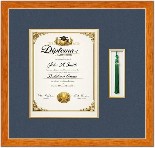 Diploma and Tassel Frame Fits 8.5 x 11 Certificate (Portrait) with Tassel Hook Honey Oak Genuine Hardwood Shadowbox with Navy Blue Over Metallic Gold Double mat