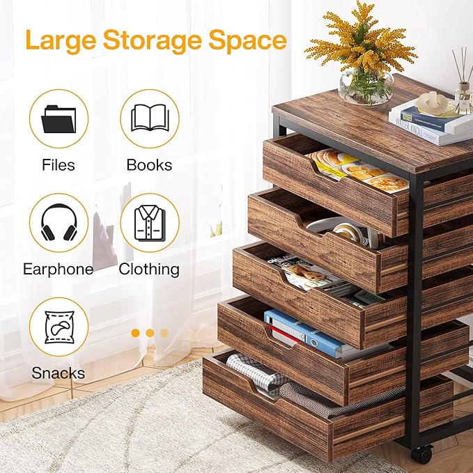 Tribesigns 5-Drawer File Cabinet, Wood Mobile Storage Drawer Unit, Industrial Office Cabinet with Drawers & Wheels, Rolling Printer Stand for Home Office (Rustic Brown)