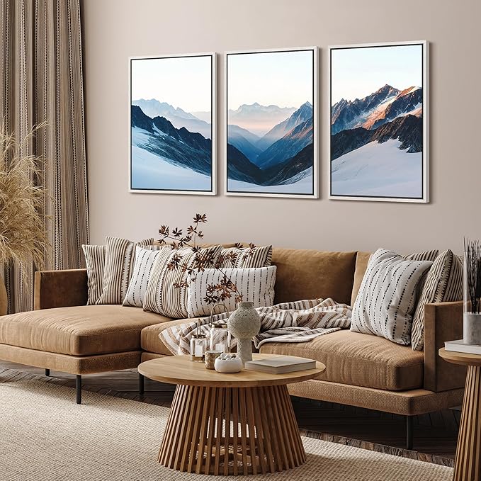 SIGNFORD Framed Wall Art Print Set Snowy Mountain Valley Majestic Winter Alpine Scene Digital Art Modern Art Contemporary for Living Room, Bedroom, Office - 24"x36"x3 White