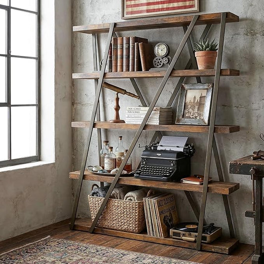 FUSUNBAO Unique 5-Tier Wooden and Metal Frame Bookshelf,Vintage Industrial Modern Style Tall Bookcase,67 "H x 12 "W x 47" L,Rustic Large Wooden Shelf,Display Shelf for Home Office,Retro Brown