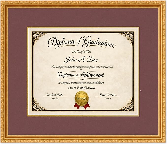 Diploma Frame Museum Gold with Dark Red Over Gold Double Mat - Fits 15 x 12 Military/Government Wall Display Made in the USA