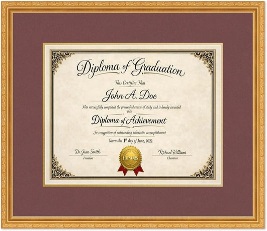 Diploma Frame Museum Gold with Dark Red Over Gold Double Mat - Fits 15 x 12 Military/Government Wall Display Made in the USA