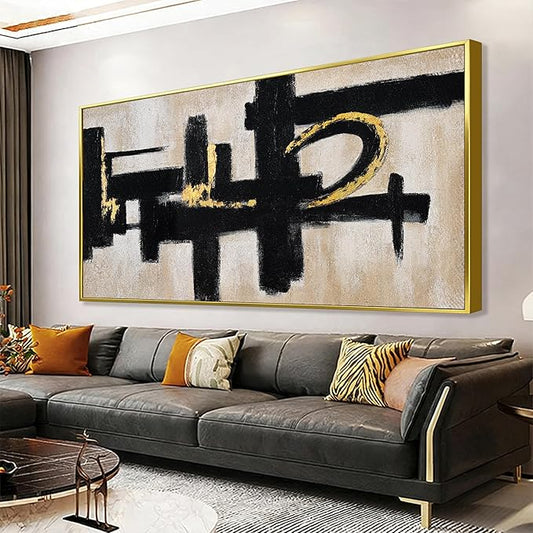 QSQ Black And Off-White Wall Art Abstract Picture Paintings On Canvas Art Wall Decor 29 x 58 Inches Large Gold Framed Wall Art Living Room Minimalism Abstract Wall Decor Bedroom Office Artwork