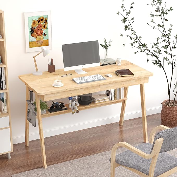 Solid Wood Desk with Drawers - 47.2 Inch Writing Desk with Drawers & Storage Shelf, Simple Modern Study Table, Home Office Computer Desks for Bedroom & Home, Natural Boho Desks