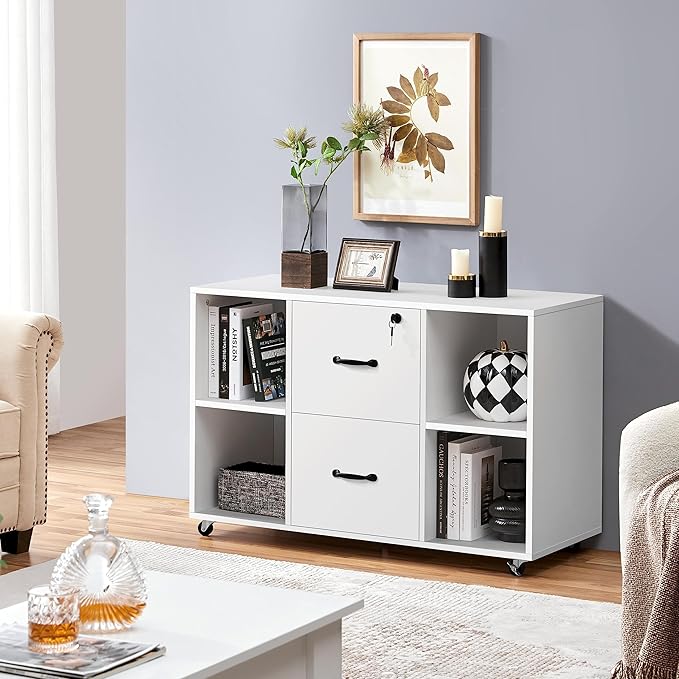 Topeakmart Mobile File Cabinet with 2 Drawers and 4 Open Storage Shelves Large Lateral Filing Cabinet Printer Stand for Home and Office，White
