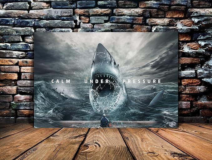 Large Inspirational Pictures Wall Art for Home Office Decor Calm Under Pressure Motivational Quotes Pictures Wall Decor Sharks and Angler Posters Prints Decoration Framed Ready to Hang - 24" Hx36 W