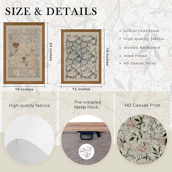 Krtoni 3PCS Framed Vintage William Morris Wall Art, Neutral Abstract Floral Canvas Artwork Prints, Rustic Boho Farmhouse Flower Botanical Picture Paintings for Living Room Bedroom Office 16W x 24H