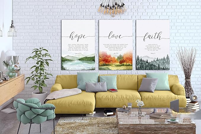 SHMAO Bible Canvas Wall Art Motivational Wall Decor, 3 Piece Hope Love Laith Print Pictures for Office Wall Decor Women Inspirational Framed Artwork Home Office Decor 24”x36”x3 Panels