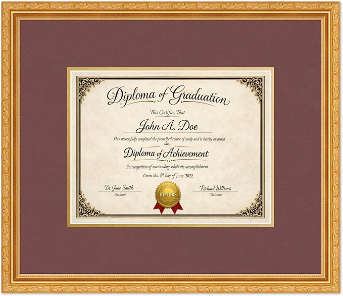 Diploma Frame Museum Gold with Dark Red Over Gold Double Mat - Fits 11 x 8.5 US Letter Certificate Wall Display Made in the USA