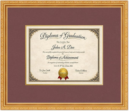 Diploma Frame Museum Gold with Dark Red Over Gold Double Mat - Fits 11 x 8.5 US Letter Certificate Wall Display Made in the USA