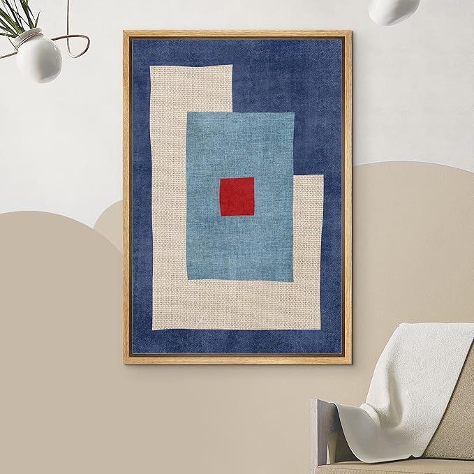 IDEA4WALL Framed Canvas Print Wall Art Mid-Century Blue & Red Blocks Abstract Geometric Illustrations Modern Art Minimalism Shapes Multicolor Boho for Living Room, Bedroom, Office - 24"x36" Natural