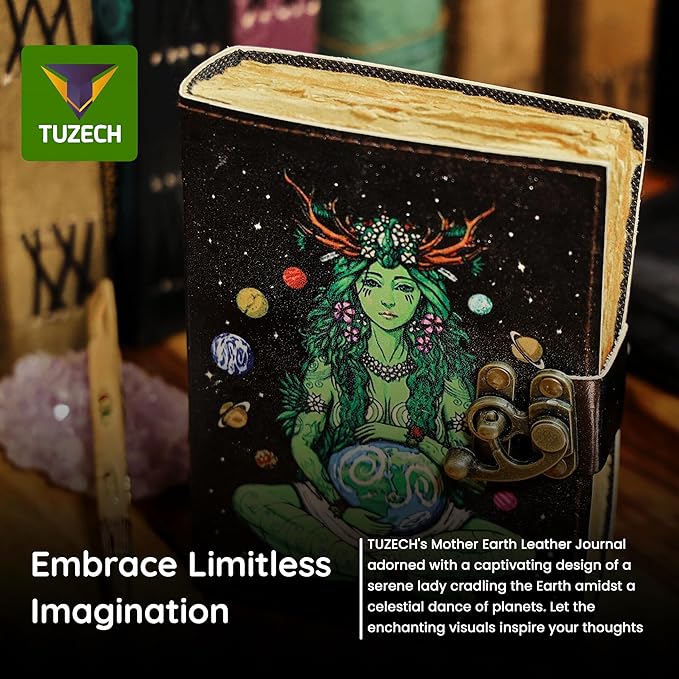 TUZECH Book of Spells Mother Of Earth Leather Bound Journal Deckle Edge Paper Tree of Life Antique Embossed Bound Daily Notebook With Colorful Print Journal Antique Vintage Book for Men and Women