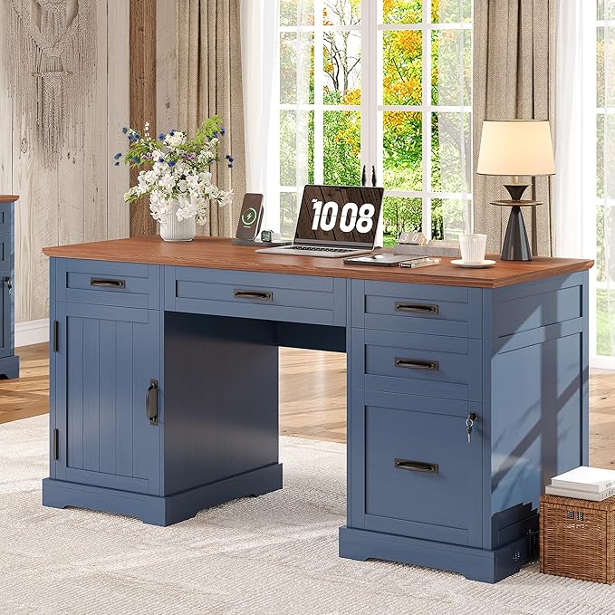 Whalefall 55'' Farmhouse Desk Home Office with Drawers, Executive Computer Desk Wooden with File Cabinet and Charging Station, Blue