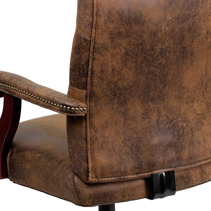 Flash Furniture Derrick Traditional Microfiber Tufted Swivel Office Chair with Wood Base, Ergonomic Farmhouse High-Back Desk Chair, Bomber Brown