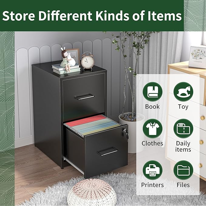 2 Drawer File Cabinet with Lock, Metal Vertical Filing Cabinet, File Cabinets for Home Office, Locking File Cabinet Hanging Files for A4/ Legal/Letter, Require Assembly, Black