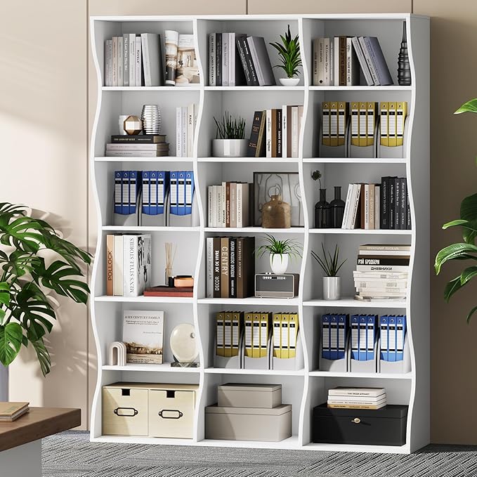 71" Triple Wide Bookshelf, 6 Tier Tall Bookcase with Storage, Large Book Shelves with 18 Open Display Shelves, White Bookcase for Living Room, Study, Home Office, Library (White)