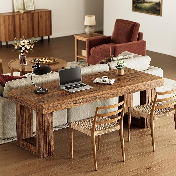 LITTLE TREE 86.6 Inches Extra Long Computer Desk, Industrial Two Person Desk, Wooden Double Desk, Simple Study Writing Table for 2 People, Large Business Workstation for Home Office, Rustic Brown