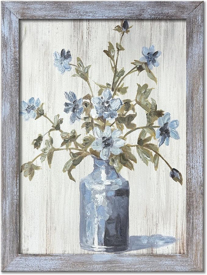 Floral Wall Art Painting - Blue and White Flower Canvas Picture for Bathroom and Bedroom Decor 24"x18"