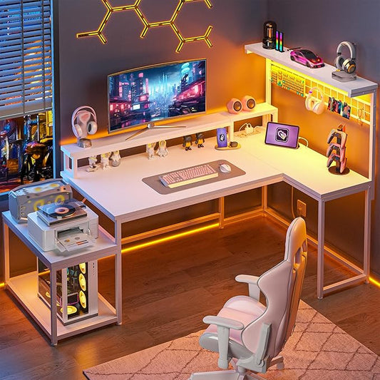 Gaming Desk with Shelves & Hooks, 56" L Shaped Computer Desk with Monitor Stand & Power Outlets & LED Lights and Printer Space for Home Office, Bedroom, White