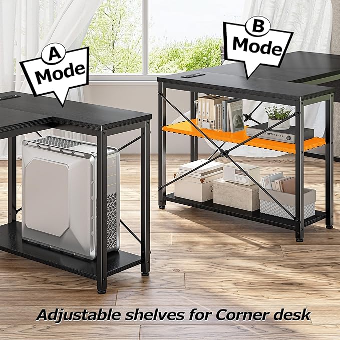 EnHomee 48" L Shaped Desk Office Desk with Power Outlets,Computer Desk with Reversible Storage Shelves & Side Bag,Small Gaming Desk for Gaming Working Small Space Home Office Bedroom,Black