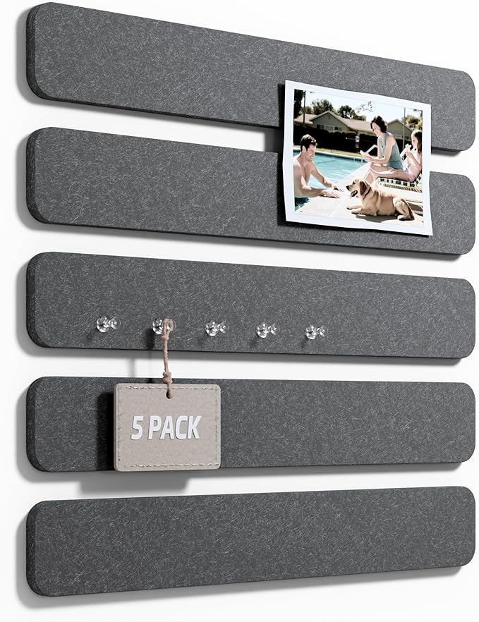 Fluxynara Cork Board Alternative Felt Strip Board 5-Pack 13"x2", Office Pin Board with 35 Push Pins, Adhesive Install for Bedroom Door & Home Office(Charcoal Gray)