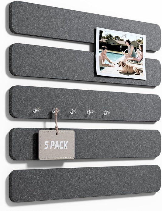 Fluxynara Cork Board Alternative Felt Strip Board 5-Pack 13"x2", Office Pin Board with 35 Push Pins, Adhesive Install for Bedroom Door & Home Office(Charcoal Gray)