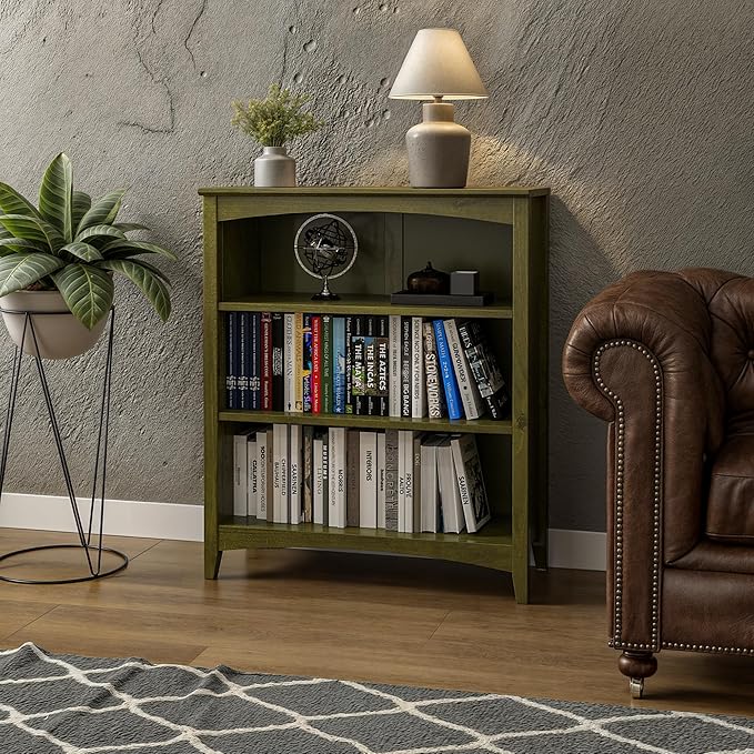 Camaflexi Shaker Style 3 Shelf Bookcase/Solid Wood / 36" High/Adjustable Shelving/Closed Back/Display Bookshelf for Living Room, Bedroom, Home and Office, Olive Grove Green