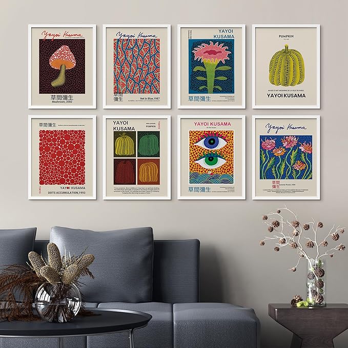 SIGNWIN Framed Poster Wall Art Set of Mushroom Botanical, Blue Red Dots, Japanese Pumpkin The Ocean Minimalist Decor for Living Room, Bedroom, Office - 8"x10"x 8 White