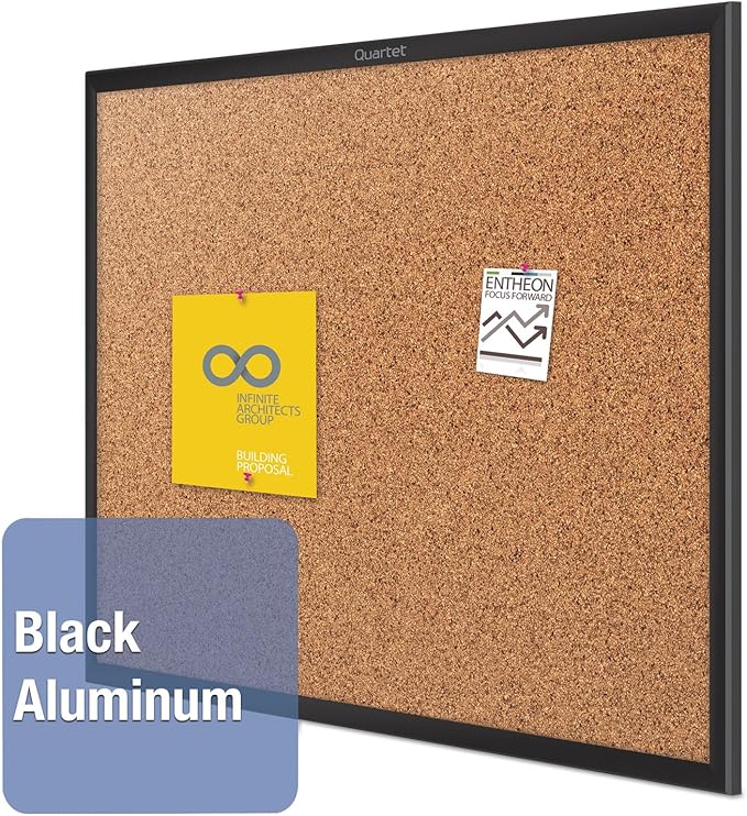Quartet Cork Bulletin Board 36"W x 24"H Pin Board, Black Aluminum Frame (2303)