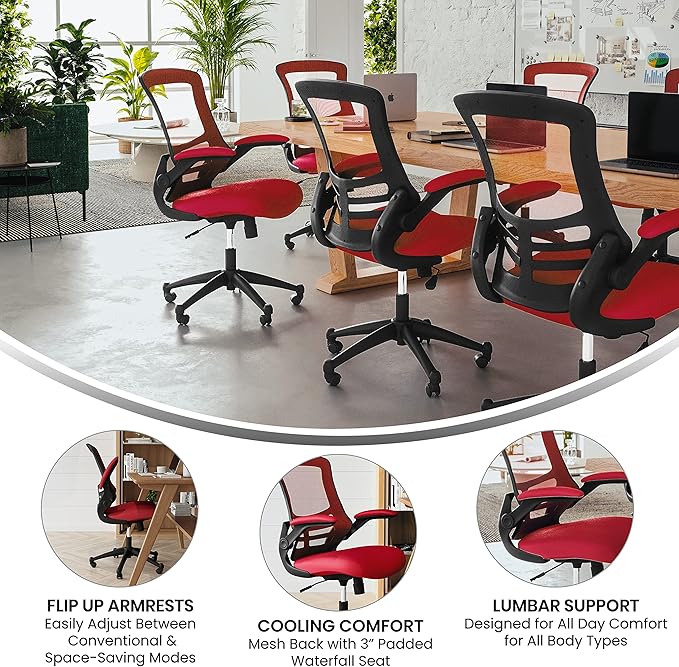 Flash Furniture Kelista Mid-Back Red Mesh Swivel Ergonomic Task Office Chair with Flip-Up Arms