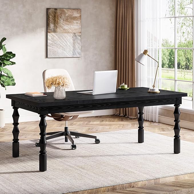Tribesigns Large Executive Office Desk, 62.2-Inch Farmhouse Modern Computer Desk, Mid Century Study Writing Table Workstations Business Office Furniture with Carved Turned Legs (Black)