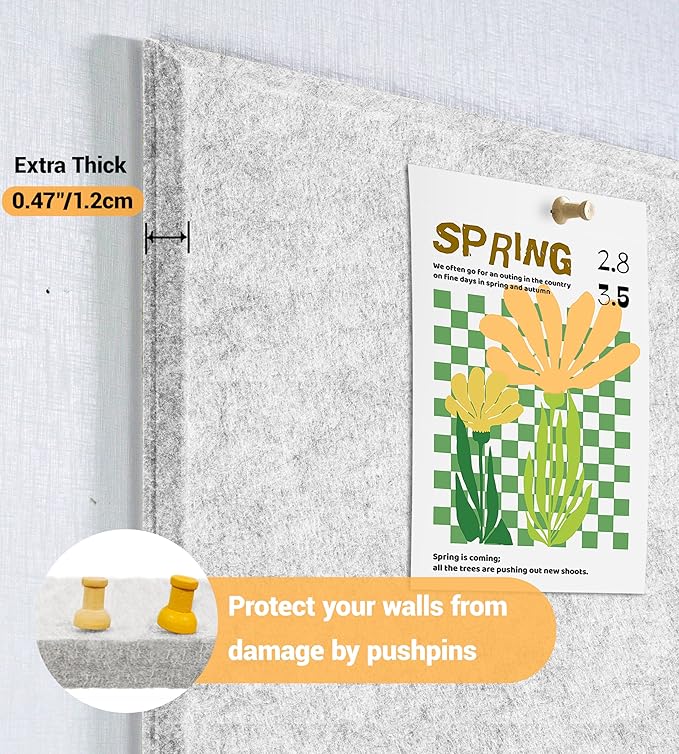 1/2" Thick Cork Board for Office, 6 Pack Felt Wall Tiles -28"x18" with Safe Adhesive Tabs, Large Bulletin Board, Push Pin Board Organizer Wall - Gray Marble
