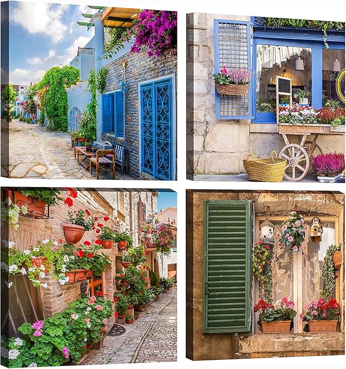 OKEXCKK Tuscan Wall Art Decor, Italy Window View Paintings Nature Landscape Pictures Mediterranean Street Canvas Prints for Bedroom, Living Room, Office Wall Decoration