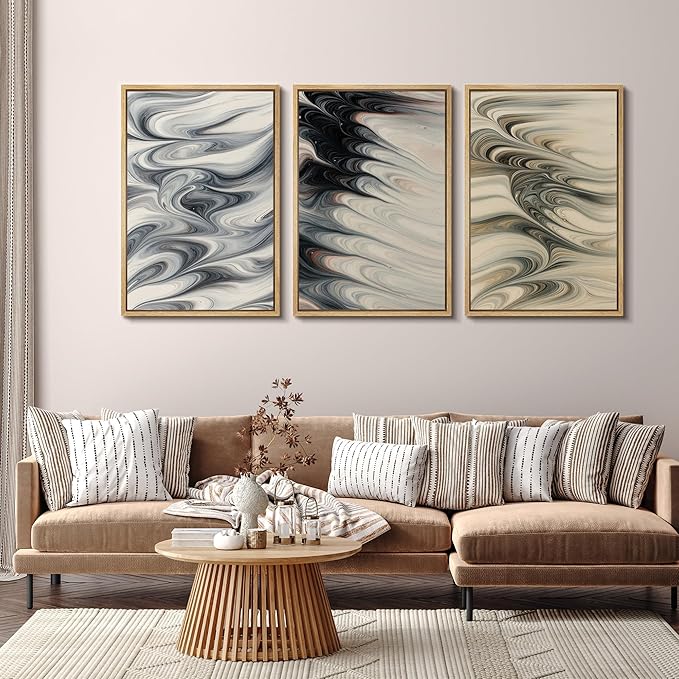 SIGNFORD Framed Wall Art Print Set Neutral Marble Swirl Abstract Elegant Fluid Pattern Digital Art Modern Art Contemporary for Living Room, Bedroom, Office - 16"x24"x3 NATURAL