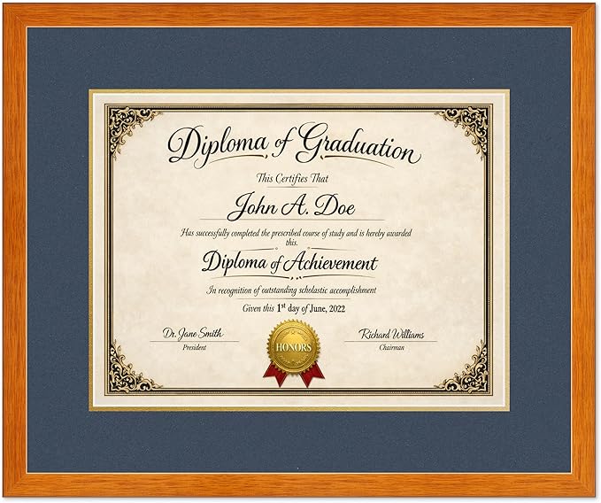 Diploma Frame Honey Oak with Navy Blue Over Gold Double Mat - Fits 17 x 13 International Diploma Wall Display Made in the USA