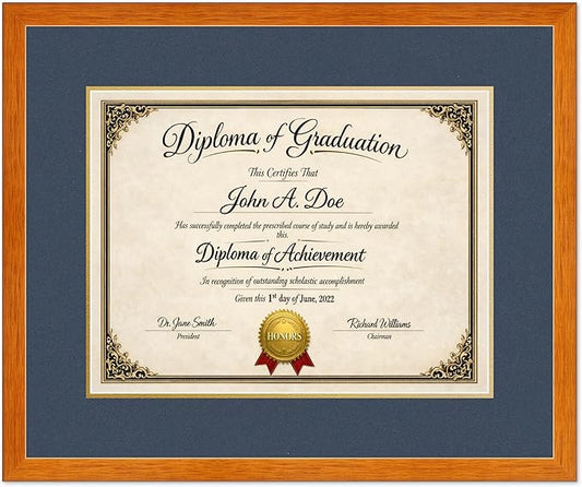 Diploma Frame Honey Oak with Navy Blue Over Gold Double Mat - Fits 17 x 13 International Diploma Wall Display Made in the USA