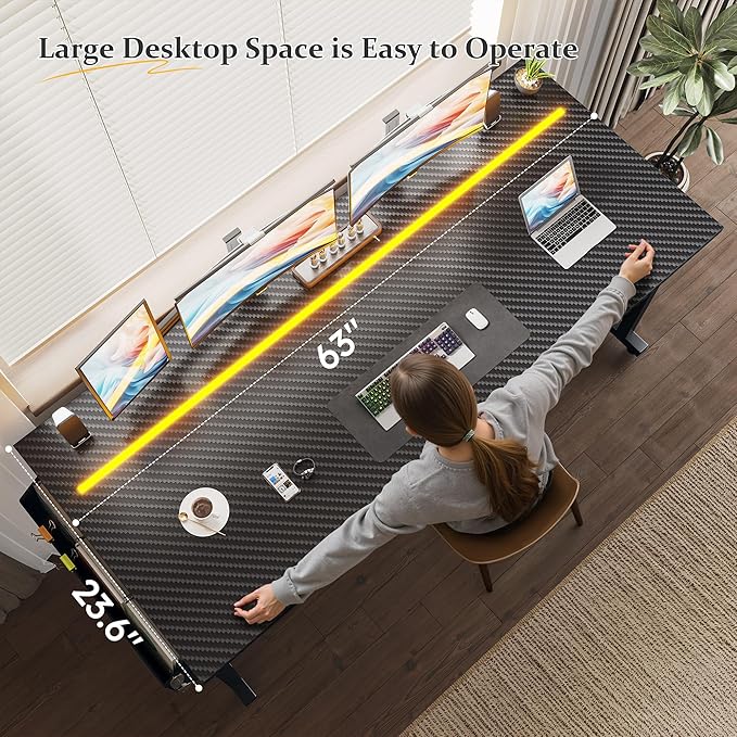 63 Inch Computer Desk with LED Lights, Office Desk for Home Office, Study Desk Writing Table with Storage Bag, Headphone Hook, Black